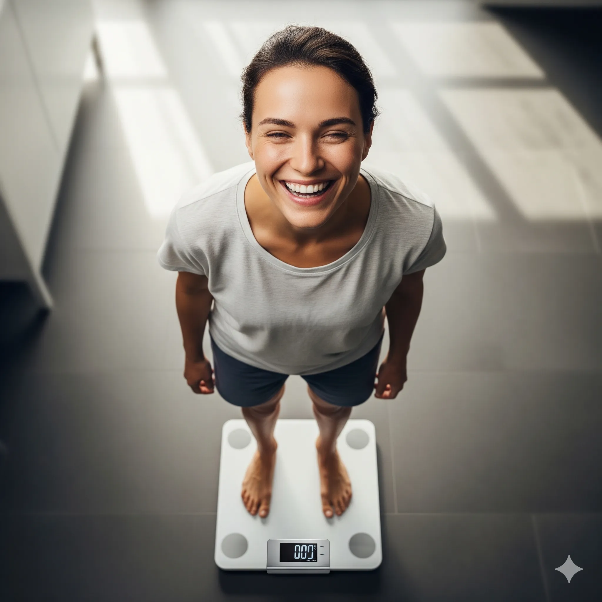 Person smiling on weighing scales seeing weight loss results